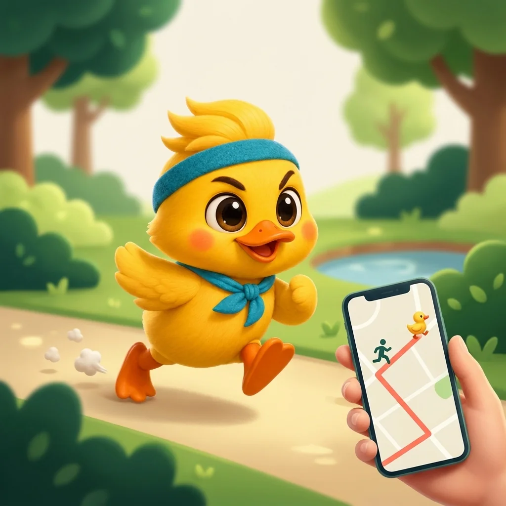 Die Flitzente läuft eine Route vor, auf dem Handy in der Hand sieht man die Route mit Läufer und Ente.