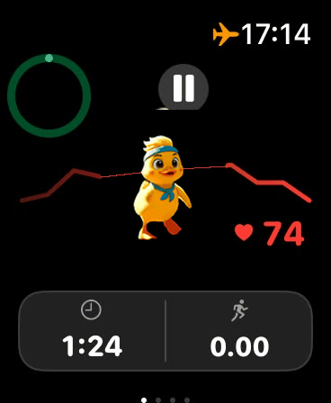 Flitzente auf der Apple Watch: die Ente läuft animiert mit, Herzfrequenz, Zeit und Distanz direkt am Handgelenk