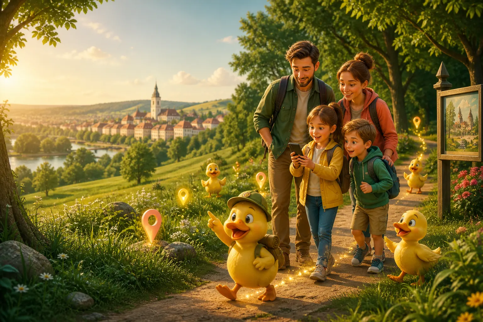 Eine Familie entdeckt mit WatschelWeg eine spielerische Route durch eine Urlaubsregion